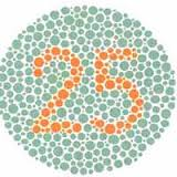 Test visual de daltonismo. Un círculo formado por burbujas verdes. Dentro del círculo un número 25 formado por burbujas rojas. 