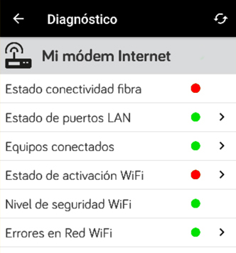 App con un listado de diagnósticos realizados al módem. Unos tienen al lado un icono redondo rojo y otros un icono redondo verde.