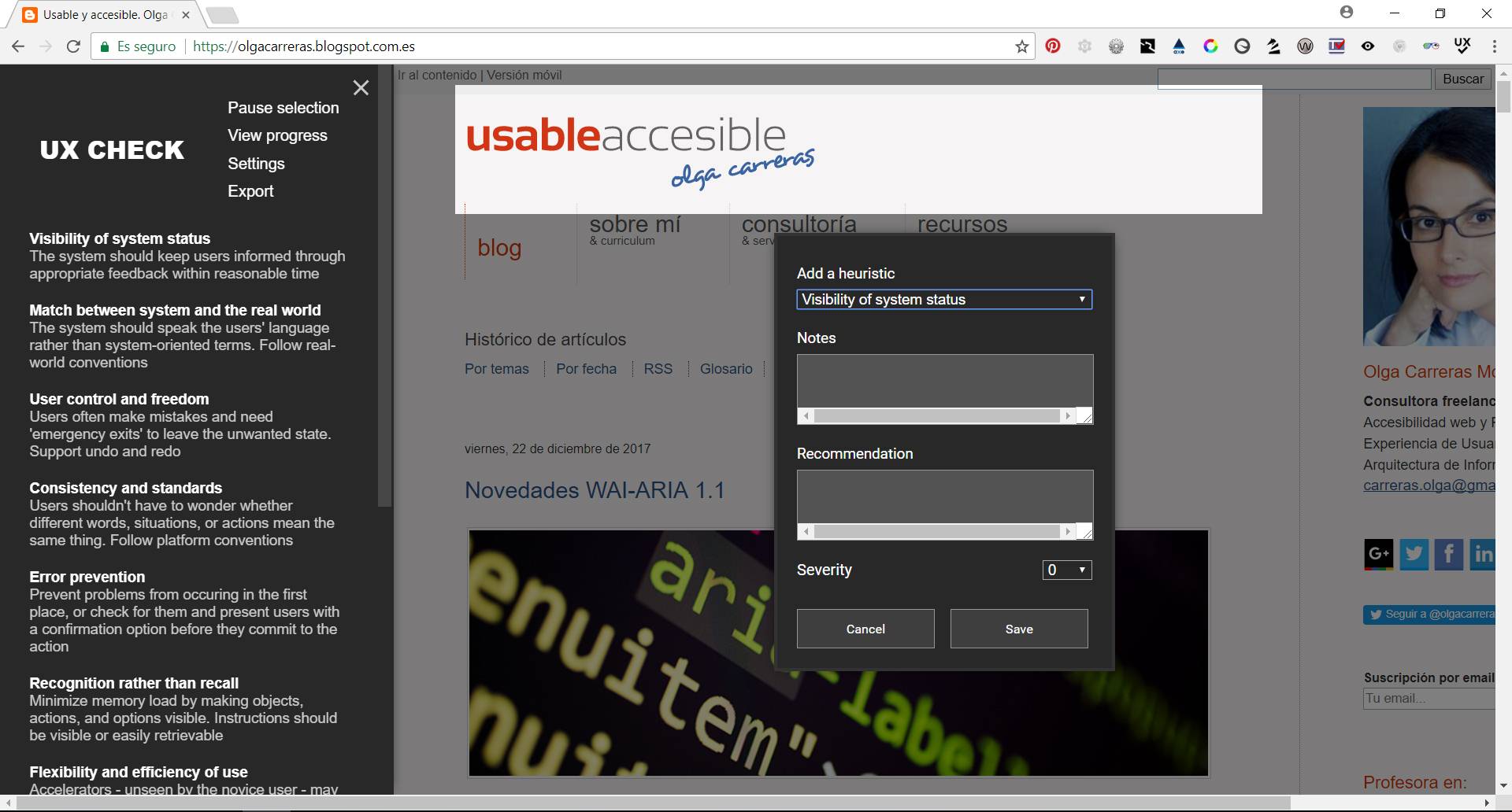 UX Check activado en el navegador. Se ha seleccionado el logotipo de la página web visitada. En una ventana emergente se pueden incluir los campos: Heurística (select), Nota (campo de texto), Recomendaciones (campo de texto), Gravedad (desplegable).