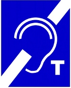 Icono con fondo azul de una oreja, con la línea transversal y una letra T. 