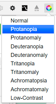 Opciones: normal, protanopia, protanomaly, deuteranopia, deuteranomaly, trinopia, trinomaly, achromatopsia, achromatomaly, low-contrast