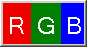 Tres cuadrados. El primero tiene fondo rojo y la letra R. El segundo tiene fondo verde y la letra G.  El tercero tiene fondo azul y la letra B. En su conjunto forman la palabra RGB.